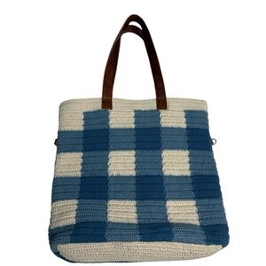 Anabaglish Large Tote Blue Check Jute/Raffia Leather Handmade Lined Farmers Mark